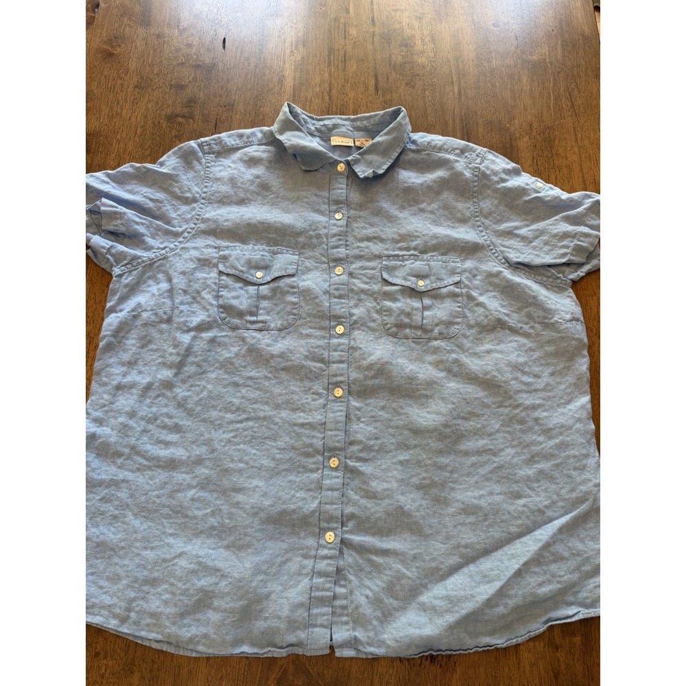 L.L.Bean Men's 2X Blue Linen Solid Point Collar Short Sleeve Button-Up Pockets